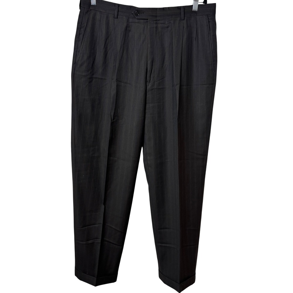 Hart Schaffner Marx‎ Dress Pants Mens 36 Charcoal Gray Pinstripe Pleated Cuffed